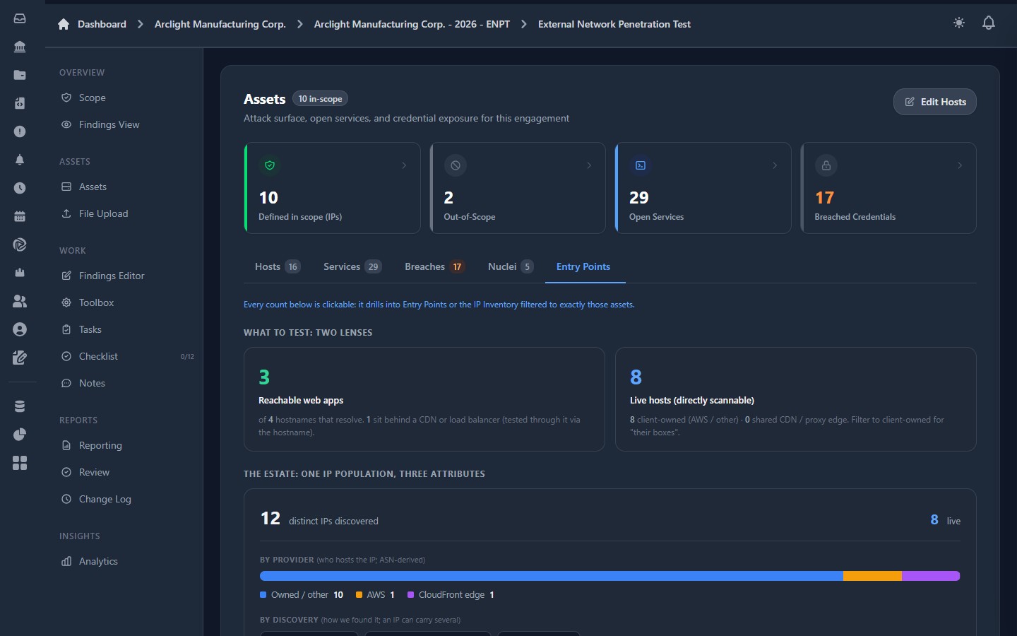 Hexecution attack surface entry points view: reachable web apps, live hosts, open services, breached credentials, and IP estate breakdown