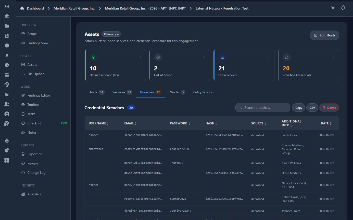Hexecution breach data view listing exposed credentials with source, hash, and affected user, gathered via OSINT