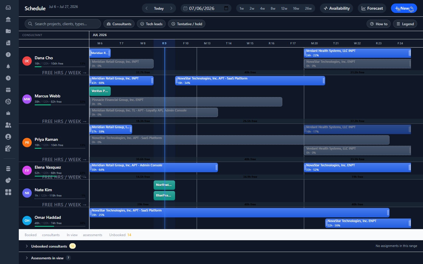 Hexecution consultant scheduling Gantt with per-consultant allocations, utilization percentages, and unbooked capacity